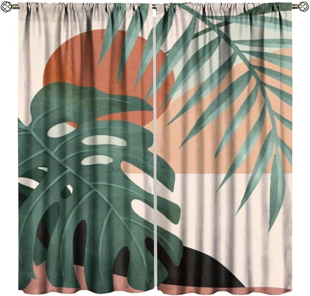 Mid Century Abstract Boho Orange Decor Curtain, Spring Summer Pink Green Nature Leaf Sun Modern Home Kitchen Livingroom Coffee