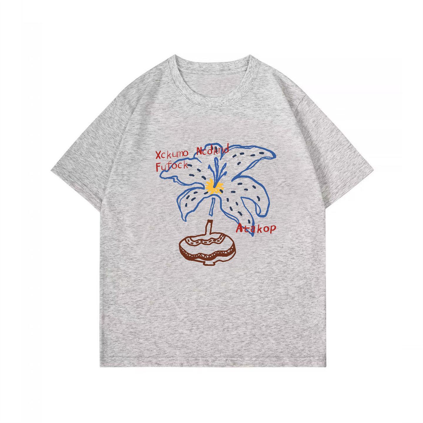 Women s Casual Cotton T-Shirt With Lily Flower Print Loose Fit Plus Size M-6XL M