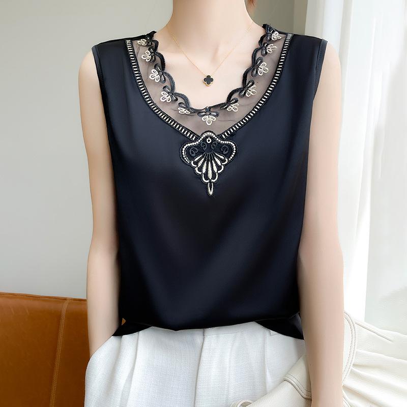 Летний женский атласный жилет без рукавов с v-образным вырезом, майка, футболка, сетчатый топ, свободные подтяжки S чёрный