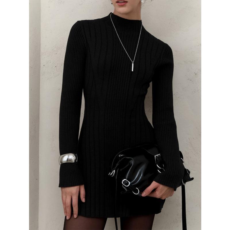 Autumn Winter Half High Collar Casual Fashion Knitting A-line Dress Women Solid Color Slim Mini Robe Vestidos