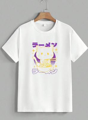 Anime Cat Eating Ramen Graphic T-Shirt Kawaii Japanese Noodle Vintage Tee Unisex 2