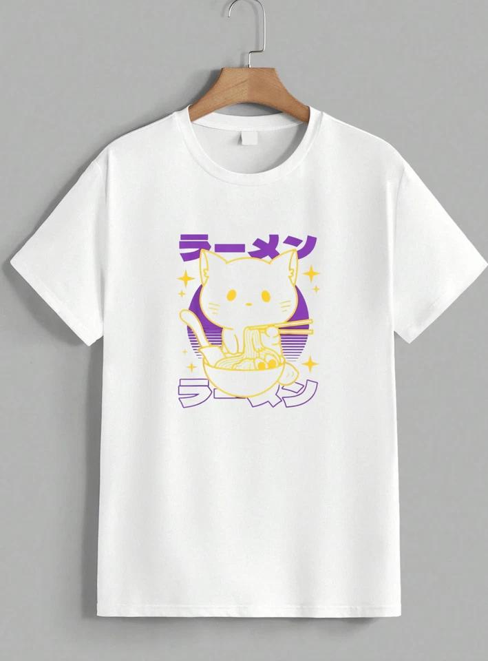 Anime Cat Eating Ramen Graphic T-Shirt Kawaii Japanese Noodle Vintage Tee Unisex 2 M