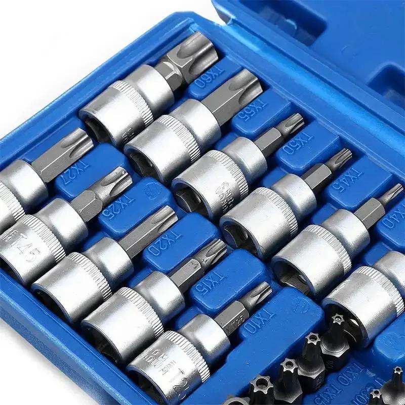 34pcs Sleeve Batch Head Set Motor Repairing Deep Impact Socket Set Hex Socket Assembly Tools Combination Tool for Auto Repair