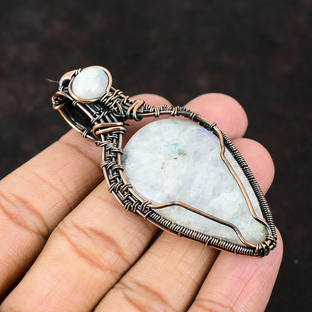 Přívěsek z duhového měsíčního kamene, měděný drátem omotaný přívěsek, měděné šperky, šperky z měsíčního kamene, ručně vyrobený přívěsek, drahokam, dámské šperky, dárek pro ni