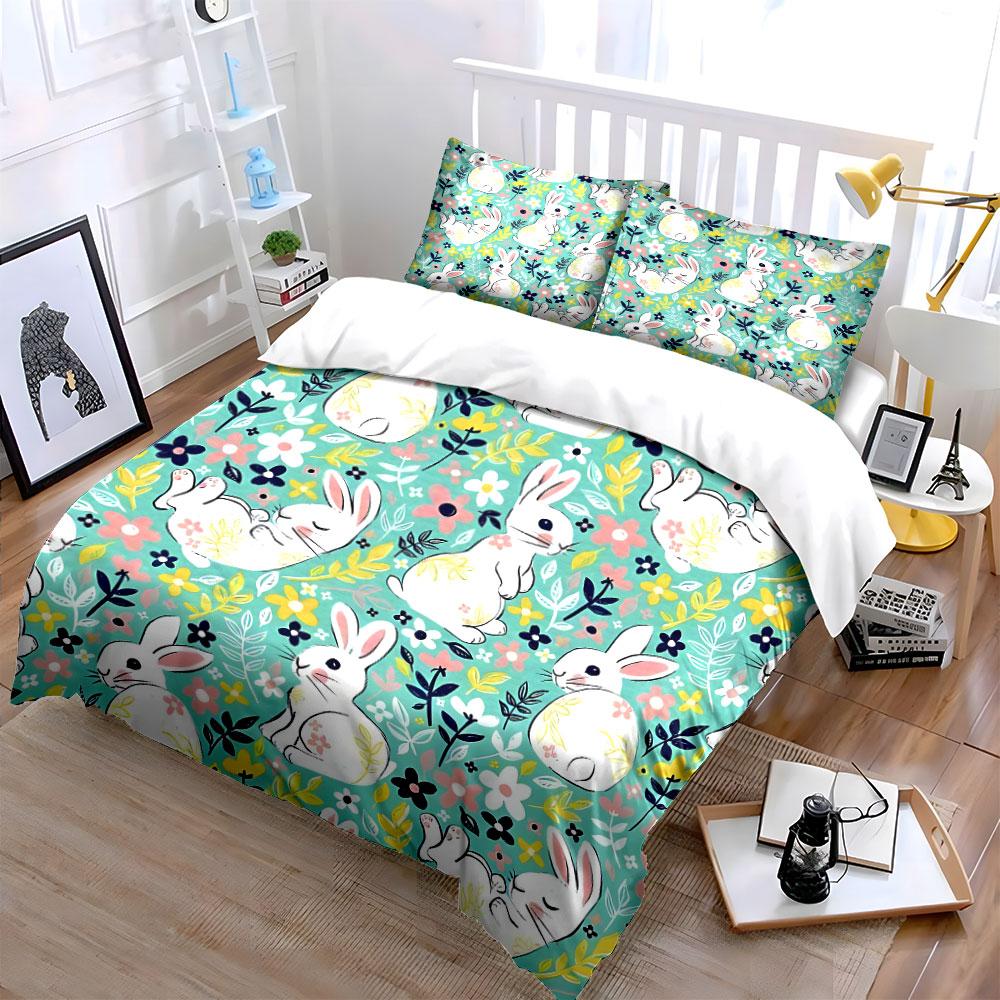 Cute Rabbits And Floral Pattern Printed Duvet Cover Set1 Duvet Cover+2 Pillowcasemulti Size Bedroom Bedding Decor Luxury Gifts