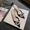High Heel Pointed Toe Satin Rhinestone Sandals Thin Heel Round Buckle Women Shoes