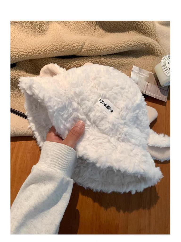 Cute Lamb Ears Plush Women's Bucket Hat - New for Autumn/Winter 2025, Warm Basin Hat with Face-Slimming Style