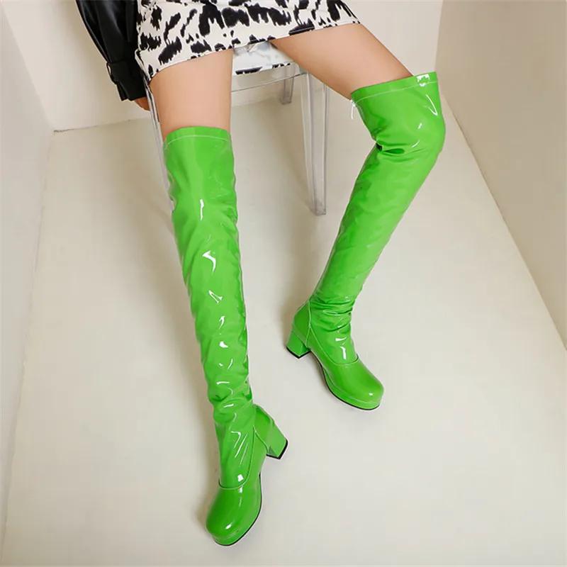 Mote Dame Lakklær Rund Tå Lange Støvletter Kvinner Svart Hvit Lær Knehøye Botas Mujer Vinter Varme Feststøvletter Kvinne