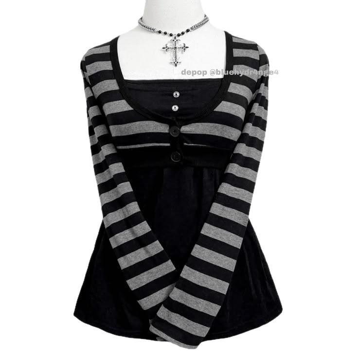 Gothic Retro Square Neck Striped Patchwork Long Sleeve Top for Women