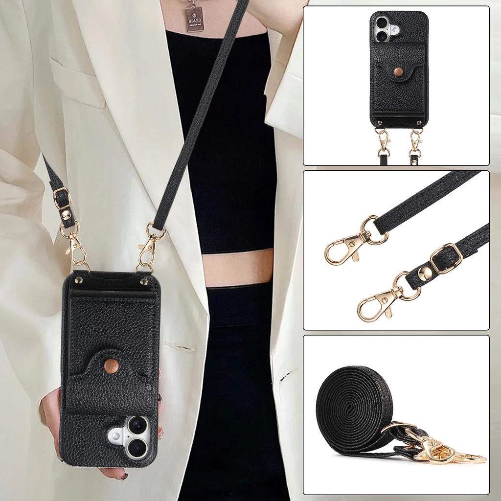 Per Custodia iPhone 16 Portacarte a Specchio Pelle con Texture Litchi Cover Posteriore per Telefono con Laccio Lungo