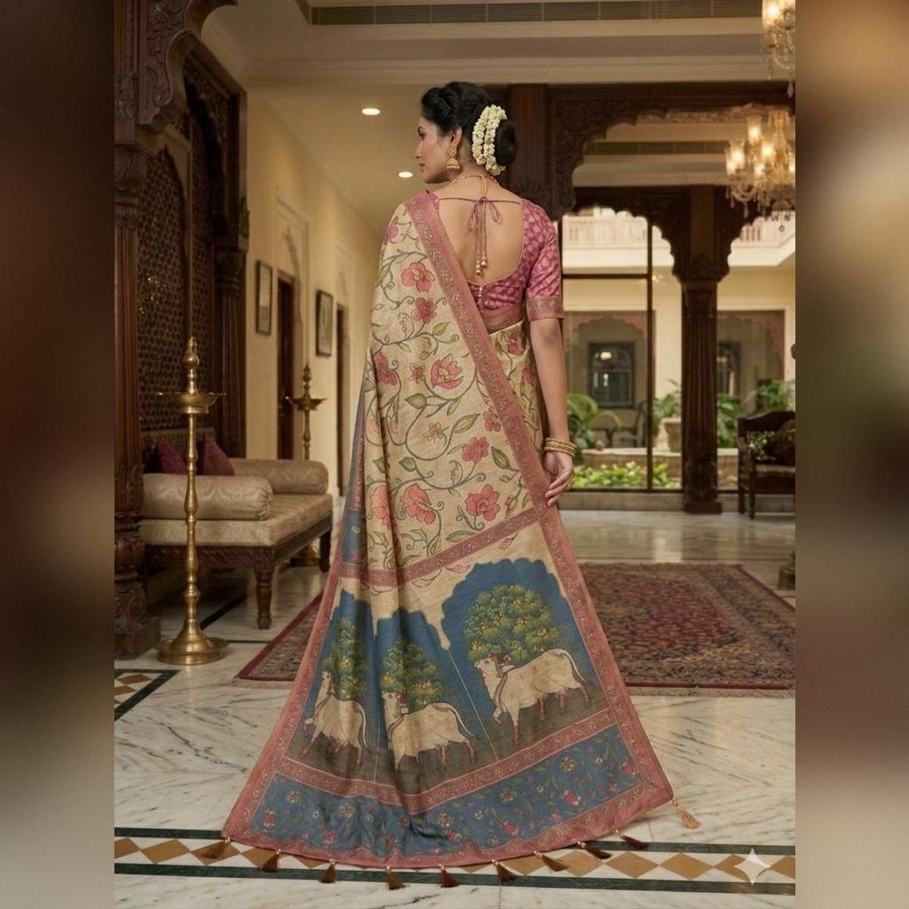 Soft premium handloom fabric Digital Print With  Rich Pallu With Lace Border On Saree