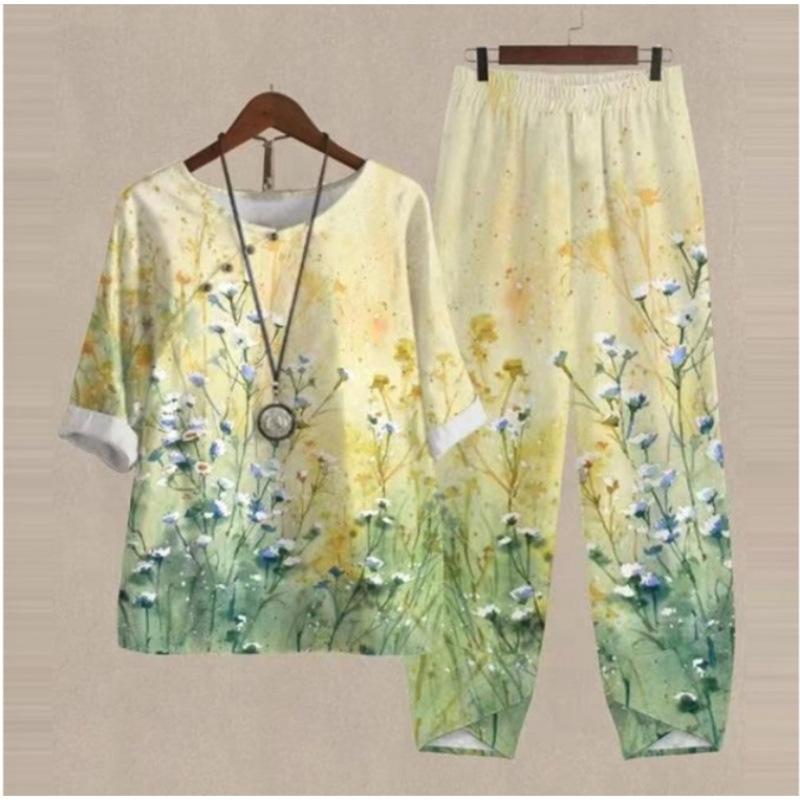 Sommer Lässige Zweiteiler Damen Locker Kurzarm T-Shirt High Waist Hose Print Outfits Damen Elegant Vintage Oberteil Hosenanzug