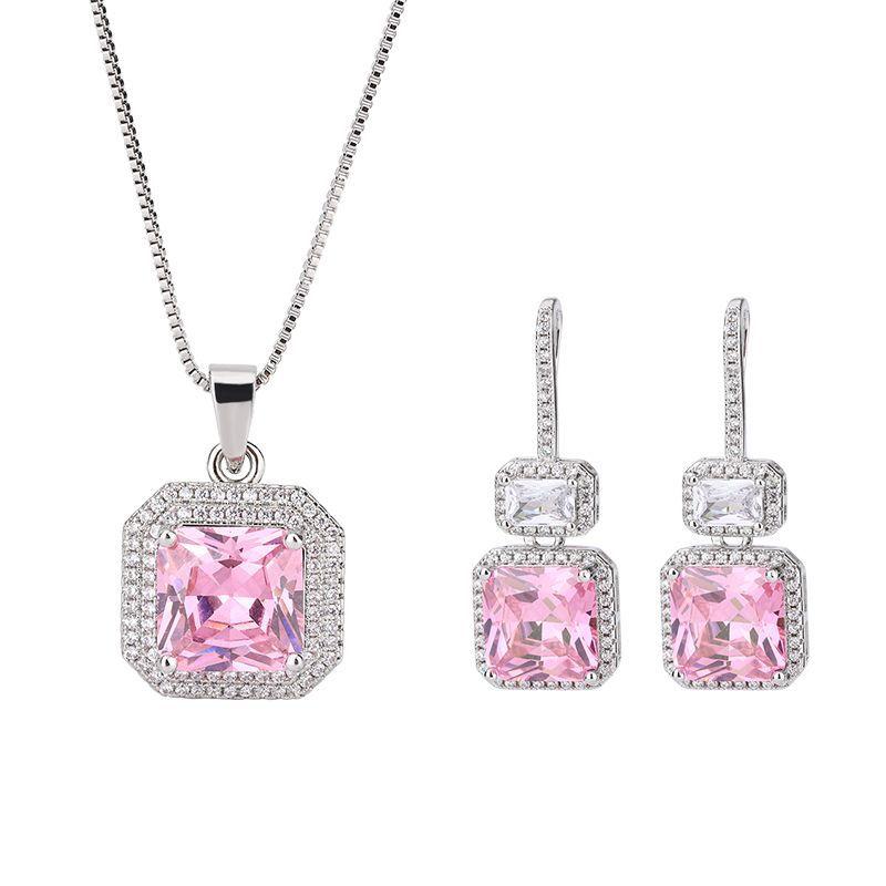 Simulation Pink Diamond Pendant, Stud Earrings, Necklace, Women'S Colorful Treasure Set, Main Stone 10 * 10