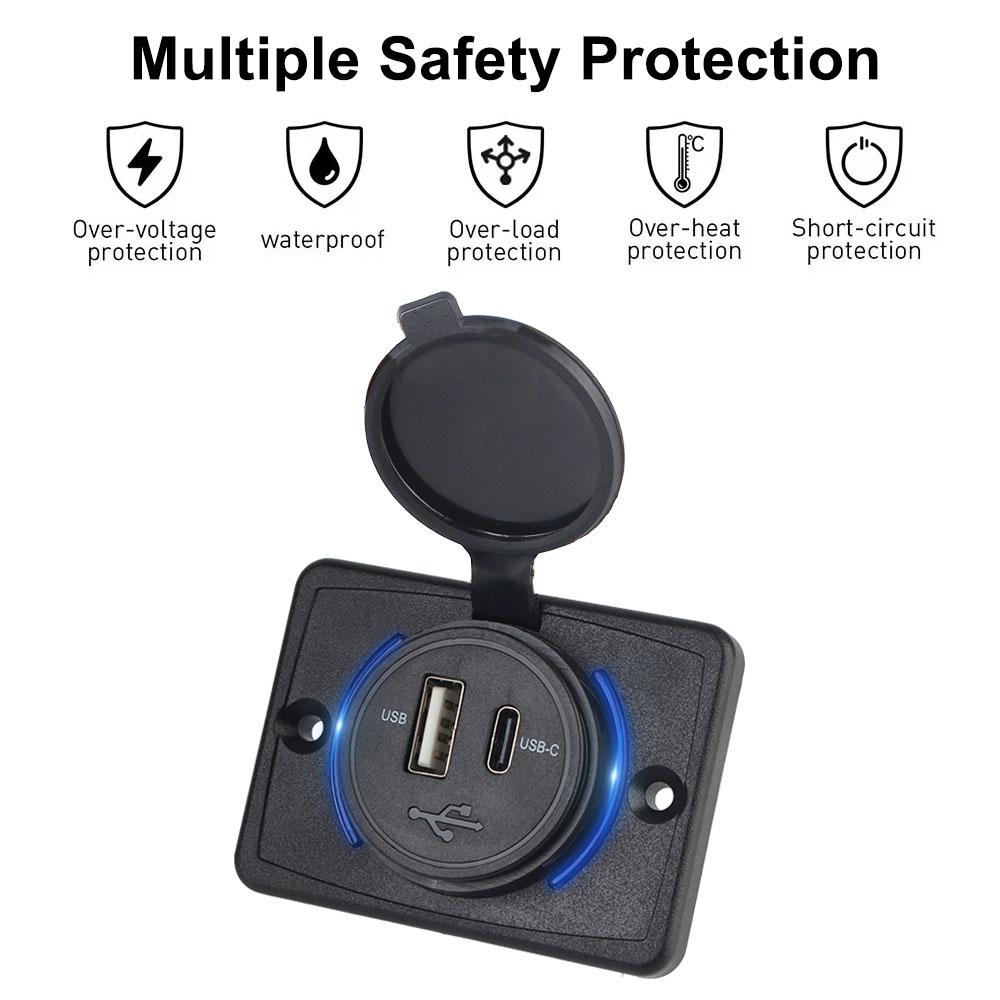 For Car Marine Boat RV Auto Accessory Car USB Port Charger Socket Adapter LED Light Car Charger QC3.0+PD 12V/24V Waterproof