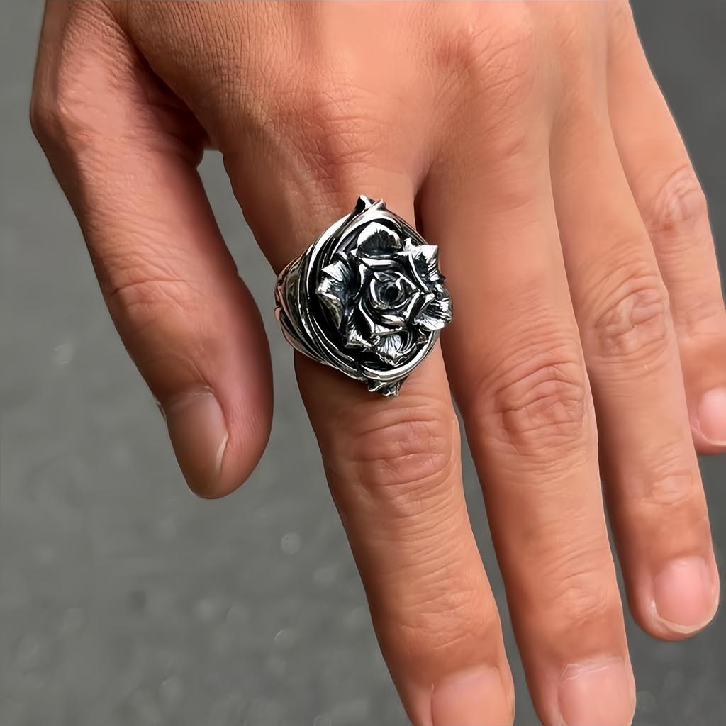 Retro Dark Rose Adjustable Open Ring For Men Silver-plated Copper Gothic Punk Edgy  Vintage Floral Accessories Cool Gift