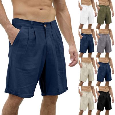 Men Linen Blend Casual Beach Shorts Classic Summer Shorts with Button and Elastic Waistband Relaxed Fit Pockets