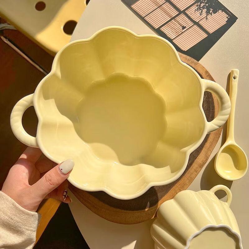 Linpan Pumpkin Ceramic Double-handled Soup Bowl Set
