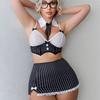 2026 New Sexy Striped Patchwork Lace Bow-bustier Skirt Seductive Halter Top Ultra-short Uniform Erotic Lingerie Set Stockings