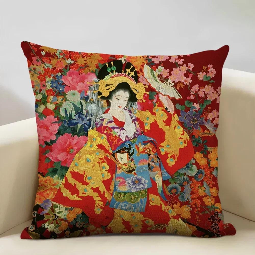 Classic Japanese Lady Decorative Cushion Cover Living Room Sofa Pillow Case 45x45cm Linen Pillowcase Home Art Decor