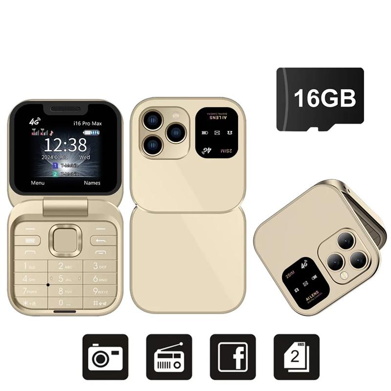 2025 I16 PRO MAX 4G Mini Fold Mobile Phone 2 SIM Card Speed Dial Video Player Magic Voice Blacklist Small Flip Cellphone Type-C