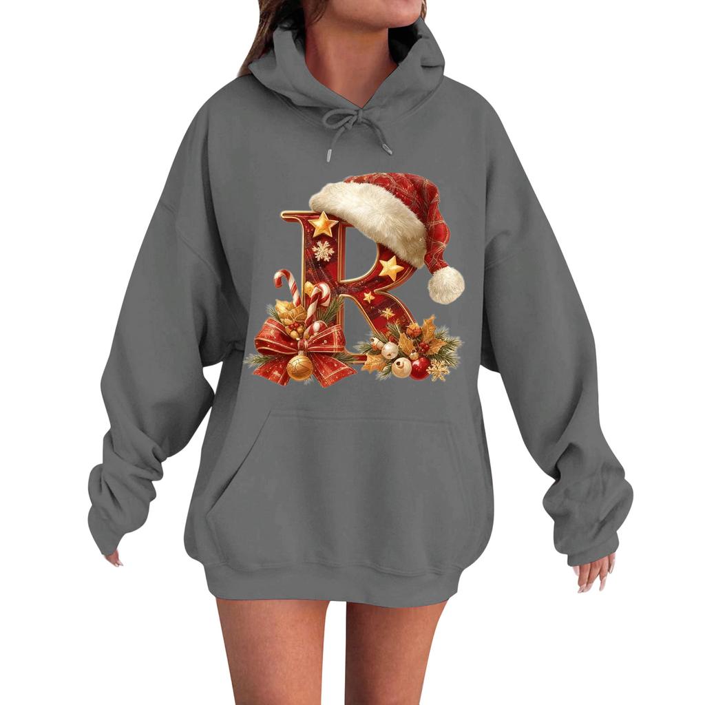 Women's Casual Comfortable Long-Sleeved Christmas Letter-Printed Warm Hooded Crew-Neck Sweatshirt