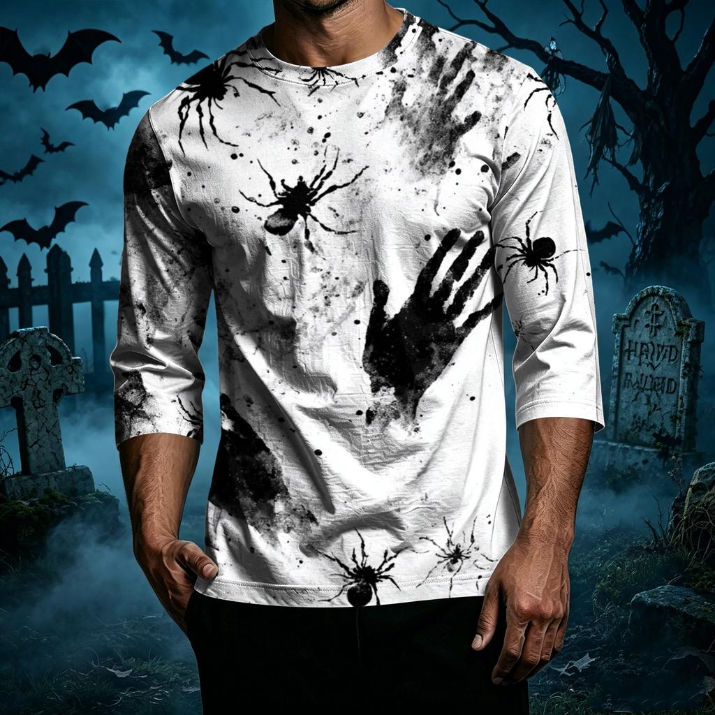 Men's Casual Halloween Graphic Crew Neck T Shirt Three Quarter Sleeve Top Lightweight Comfortable Fit