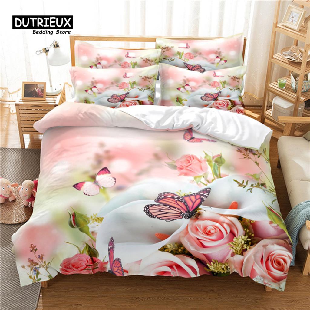 Flowers Duvet Cover Set, Fashion Flower Bedding Set, Soft Comfortable Breathable Duvet Cover, For Bedroom Guest Room Decor