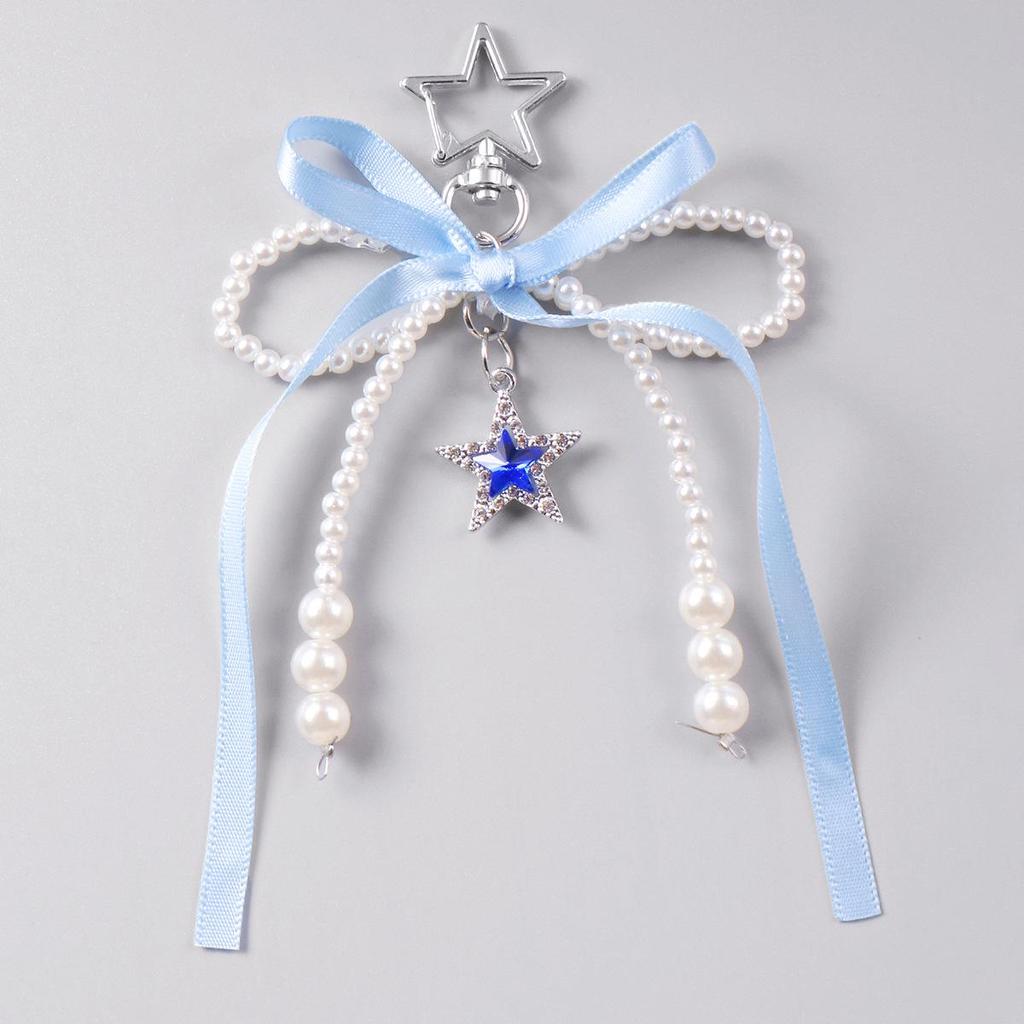 Versatile Multi-Color Webbing Faux Pearl Bow Rhinestone Star Keychain Charm