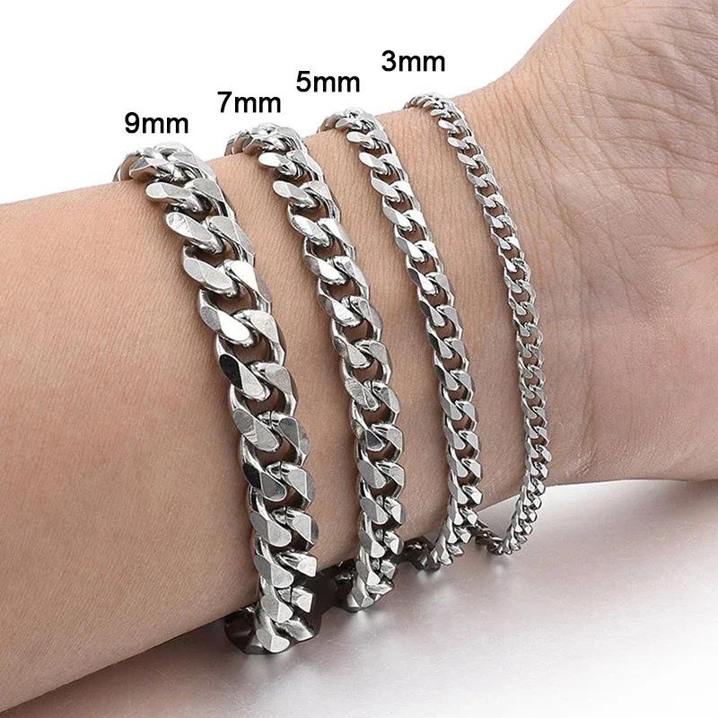 Ny Trendy Cubansk Lenke Herrearmbånd Klassisk Rustfritt Stål 3/5/7/9mm Bredde Kjede Armbånd For Menn Kvinner Zirkon Gave