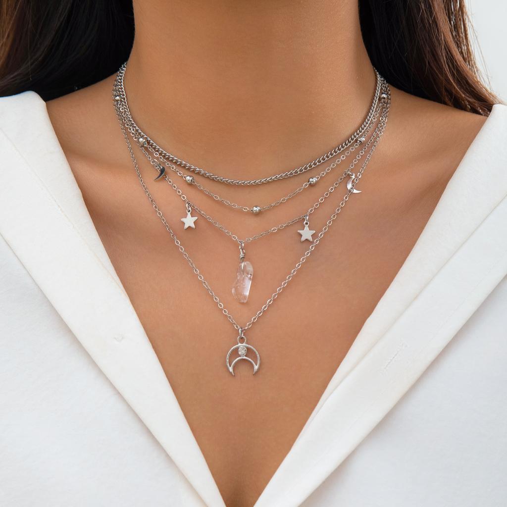 Layered Chain with Moon and Stars Pendant Necklace for Women Trendy Charms Chain Accessories on Neck Fashion Jewelry Female Gift