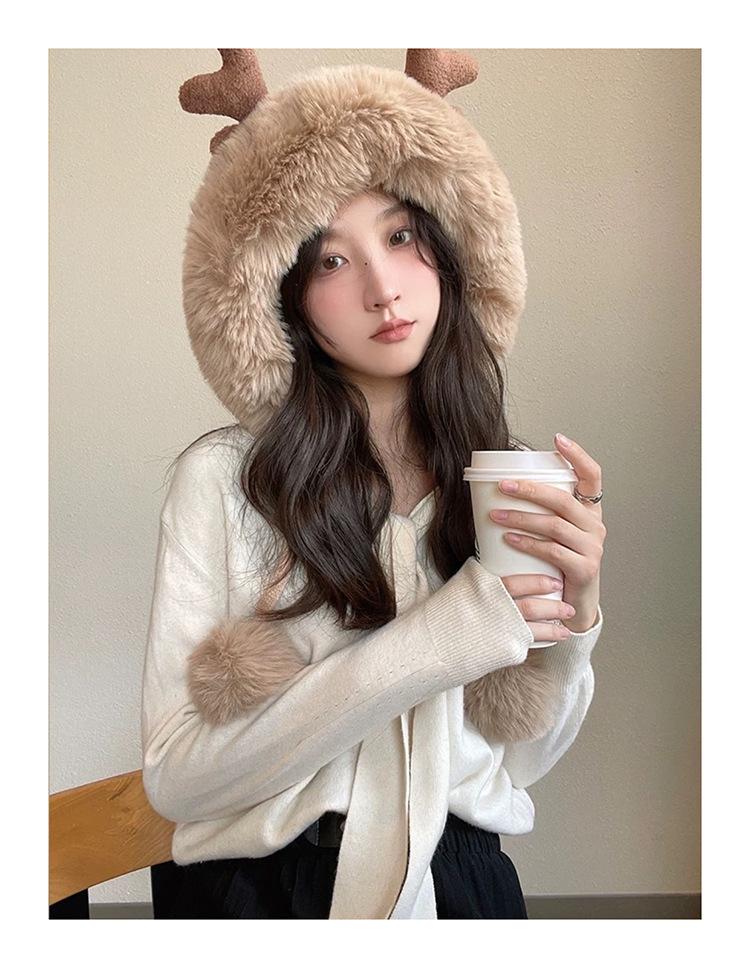 Women's Korean Style Plush Antler Pom-Pom Winter Hat with Ear Protection