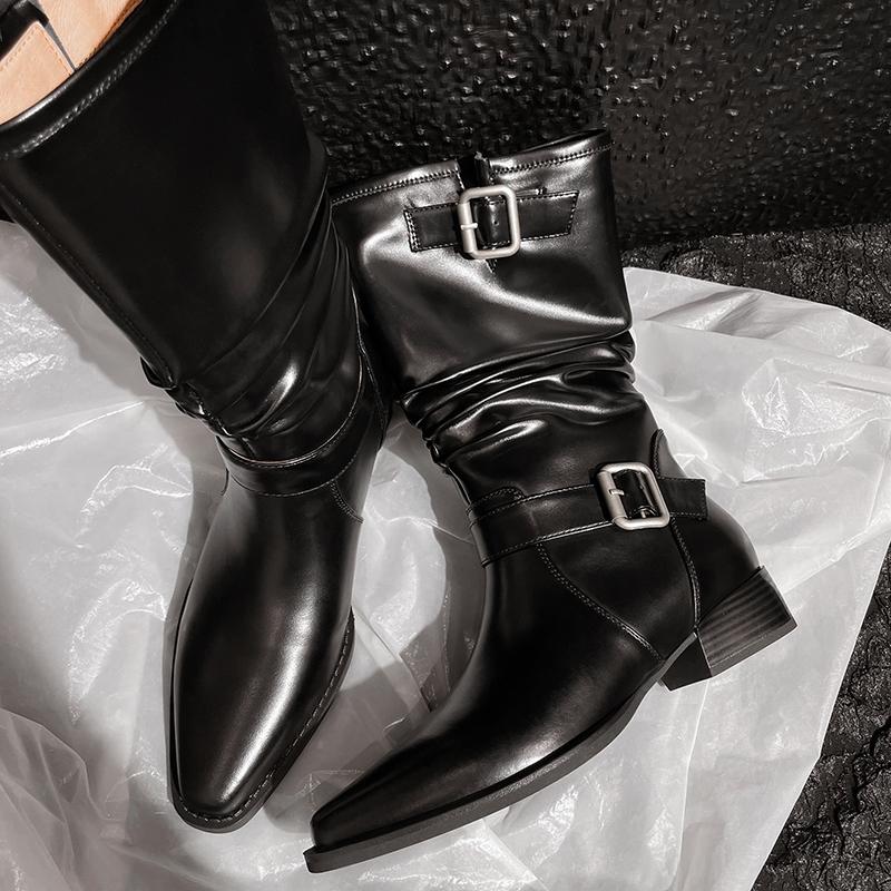 Fashion 2024 Autumn/winter Women Boots Square Toe Chunky Heels Boots for Women Fold Chelsea Belt Buckle Boots Mid-calf Women Shoes