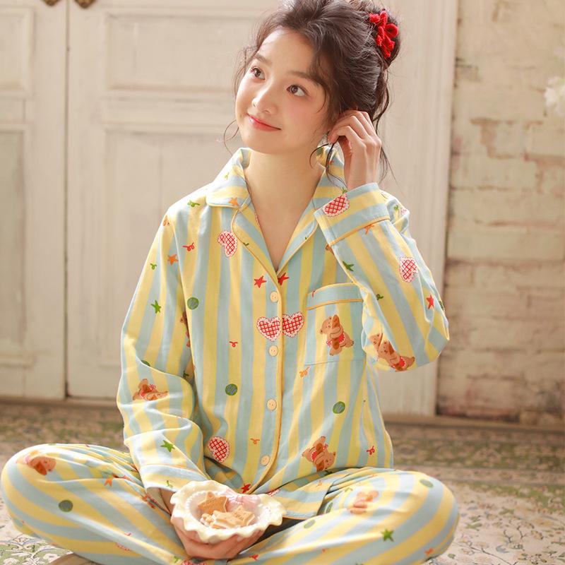 Pajamas Women's Japanese Sweet Spring and Autumn Lapel Cotton Gauze Women's Long-sleeved Trousers Loungewear Set 11