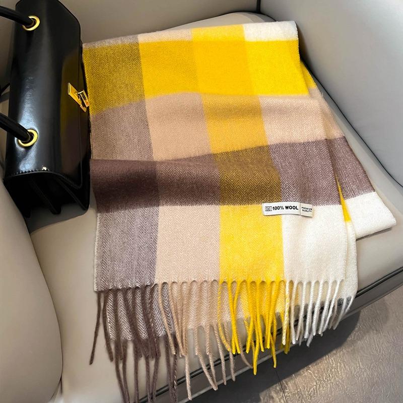 British Pure Wool Scarf Men's and Women's Winter New Classic Yellow Large Plaid Fringed Cashmere Warm Scarf Gift