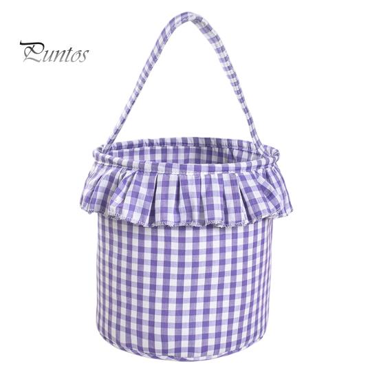 Easter Egg Hunt Carriers Halloween Basket, Plaid Ruffle Trick or Treat Candy Bucket with Handle Celebration Accessories for Kids, Reusable Gingham
