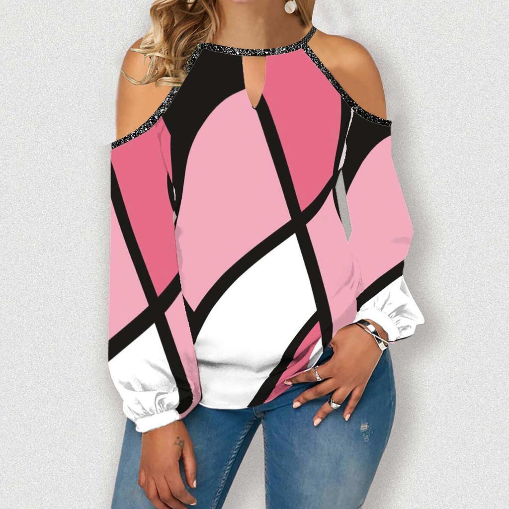 Women's Fashion Casual Temperament Round Neck Off-shoulder Irregular Color Long Sleeve T-shirt Top