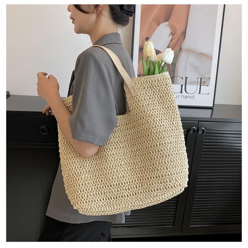 Large capacity shoulder straw bag women's new simple straw bag underarm tote bag portable woven bag holiday beach bag