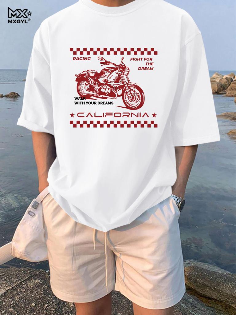 2026 Vysoce kvalitní Nový model Pánské Módní Ležérní Volné Retro S potiskem motocyklu Kulatý výstřih Krátký rukáv Tričko