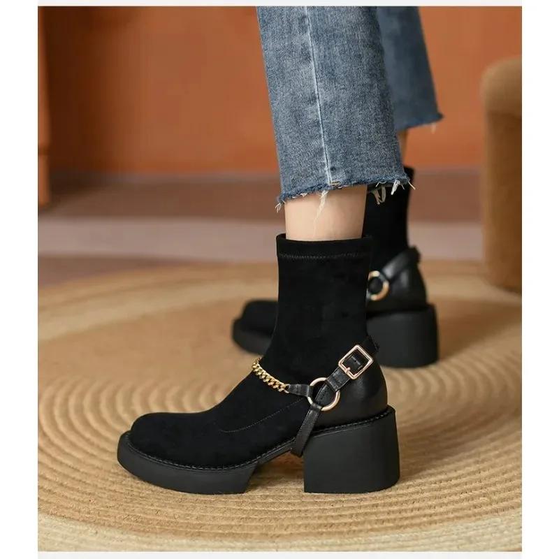 Women's Square Heel Ankle Boots Autumn Winter Chain Black Fashion Long Knee-high Boots Women Shoes Outdoor Slip-on Women's Boots