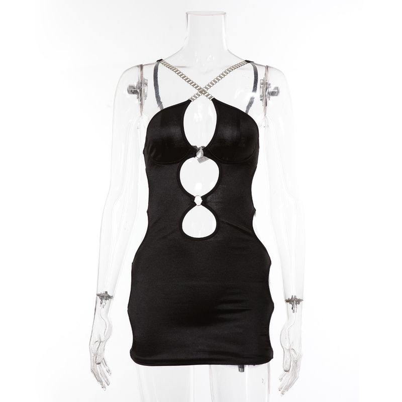 

Fashion Style Ins New Arrival Fashion Suspenders Hip Skirt Sexy Open Back Cut Out See-through Dress Women Black L