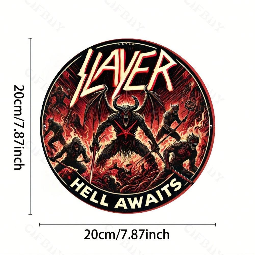 Kovový znak Slayer Peklo čeká Kulaté nástěnné umění Dárek Dekorace pro domácí kancelář