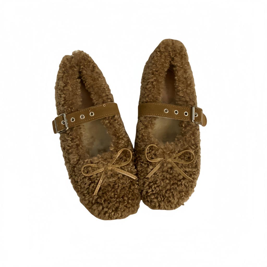 Beautiful cute fluffy shoes women's 2025 new bow flat bottom thickened Mary Jane velvet warm lamb wool single shoes