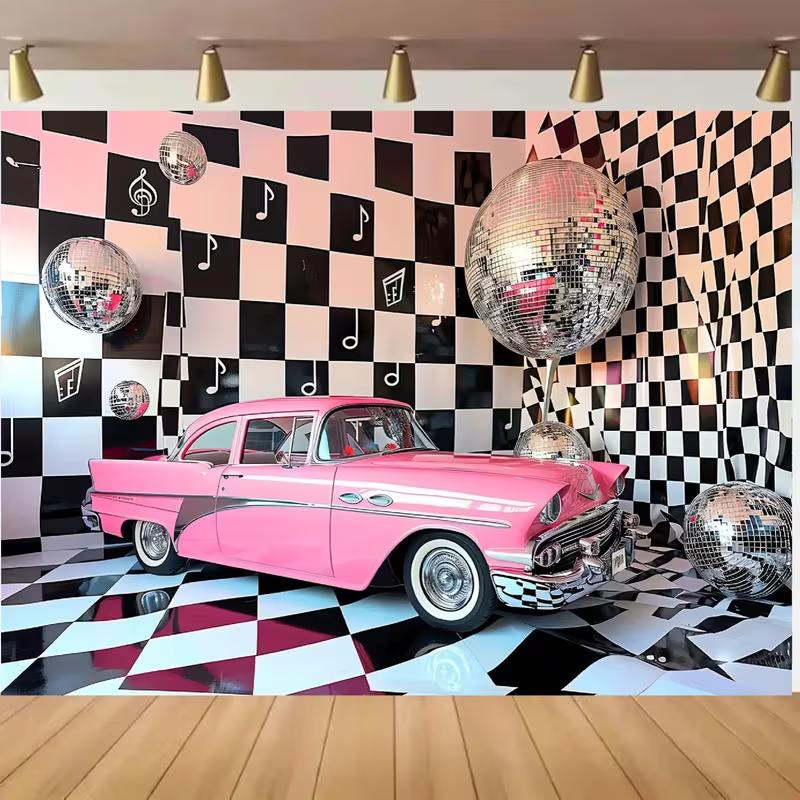 

Vintage 50s Diner Style Backdrop Pink Classic Car Disco Ball Photography Background 47.2x31.5inch/120*80cm