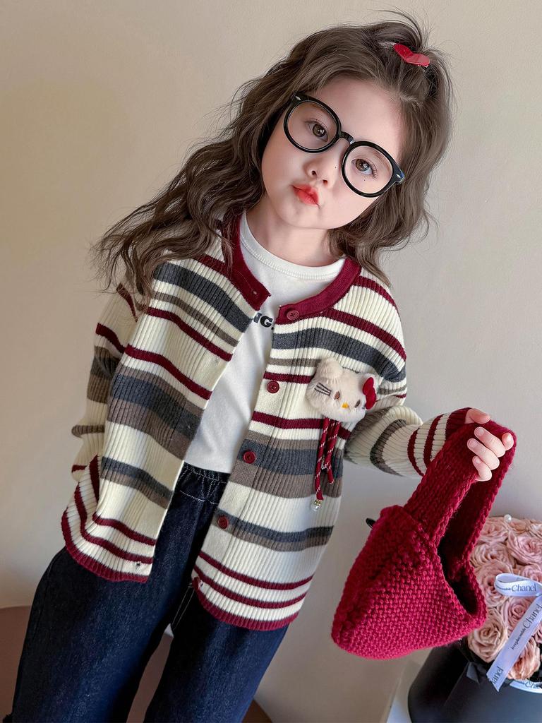 Herbst 2025 Mädchen Strickjacke mit Streifen - Stilvoller Pullover für kleine bis mittlere Kinder