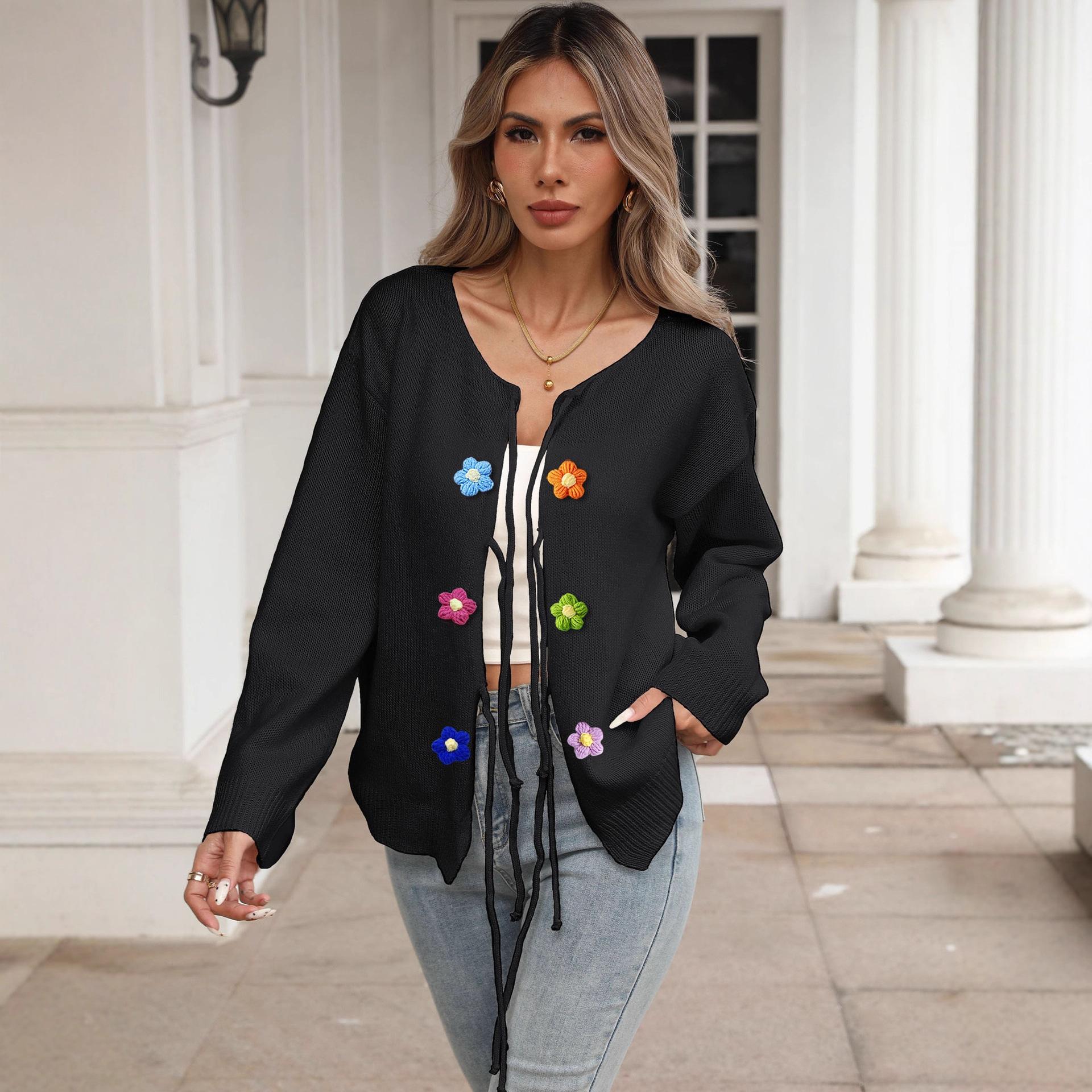 

New Autumn and Winter Women s Outerwear with Lace-up, Bow, Hand-hooked Flower Patchwork Sweater Cardigan S чорний