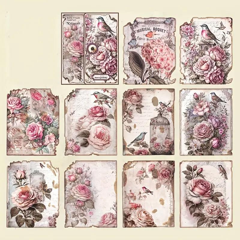30pcs Vintage Scrapbook Paper Retro Aesthetic Decorative Materials, Flowers Birds,For Planner Junk Journal, DIY Crafts