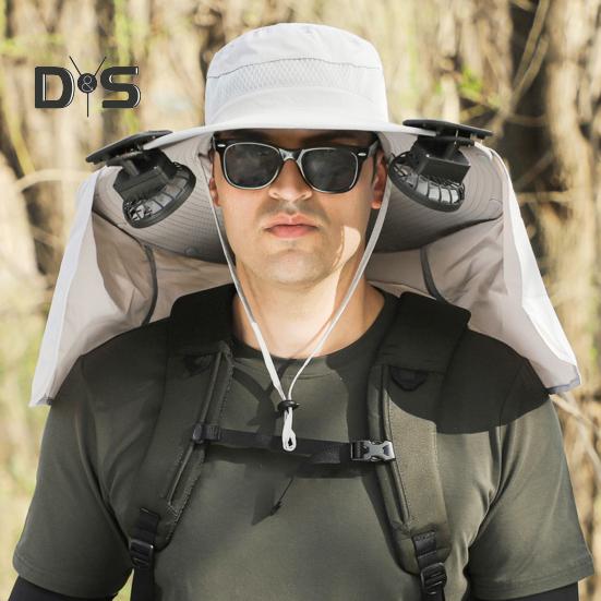 Solar-Ventilator-Hut mit Nackenklappe, LSF 50+, UV-Schutz, Hut mit 2 Solar-Ventilatoren, atmungsaktiv, für Herren, Sommer, Outdoor-Aktivitäten, Angeln, breite Krempe