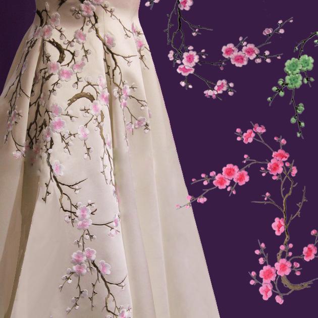 Large Chinese-Style Plum Blossom Flower Embroidery Patches: Green, Red, Blue, White & Pink - Clothing Accessories