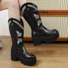 Fashion New Western Embroidered Cuff High Top CowGirl Boots Thick Bottom Waterproof Female Boots Round Toe Mid Heel Pure Color Rubber So