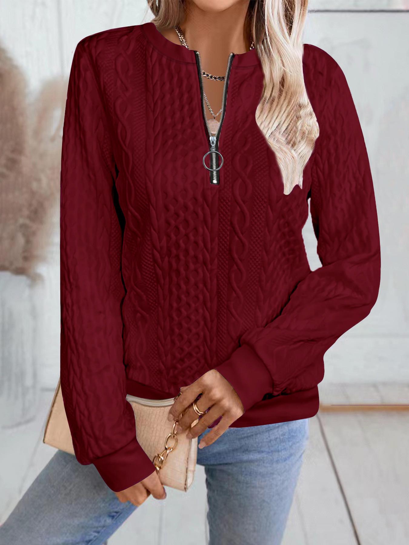 

2025 Autumn/Winter Women s Casual Zipper Long Sleeve Sweatshirt with Stylish Neckline M вино красного